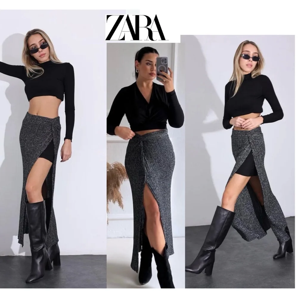 Zara black silver thread knit skirt side twist knot high slit Sz S NWOT